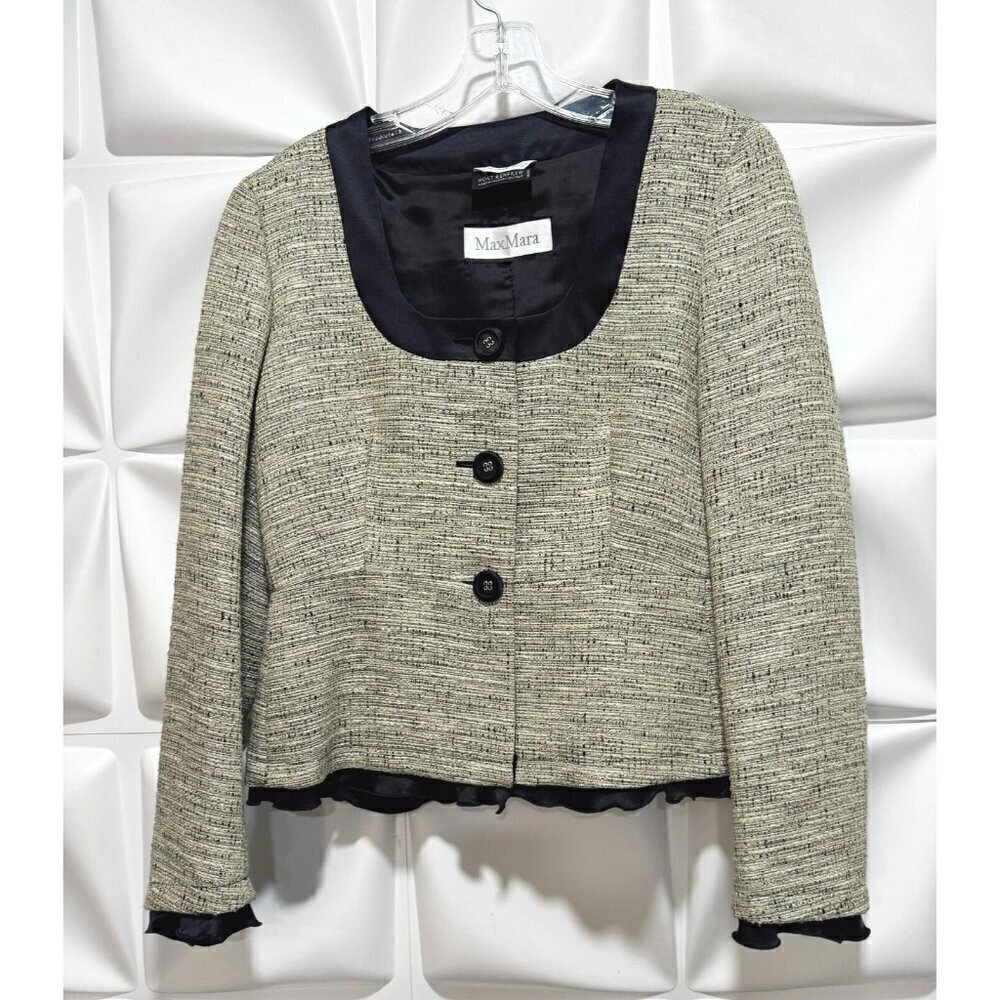 Max Mara Sz 10 Metallic Tweed Ruffle Trim Peplum Blazer Jacket Gold Black ITALY
